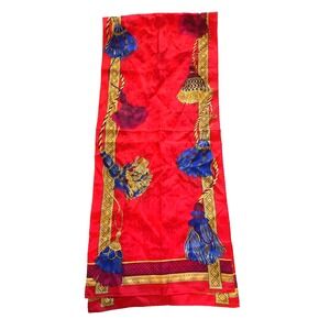 LIZ CLAIBORNE Red and Royal Blue Tassels Silk Scarf 11" X 52" Rectangle Seda